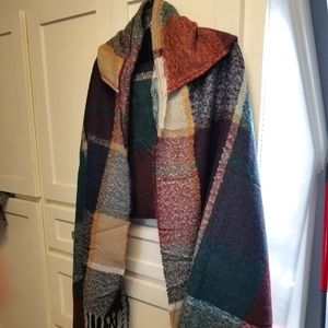 Plaid hooded shawl sweater wrap